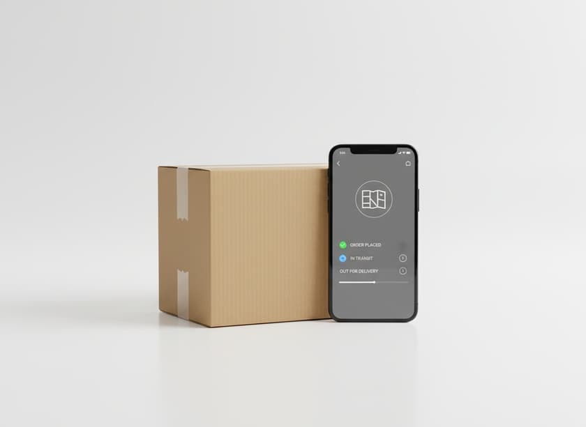 A cardboard delivery box beside a shipping status app on a phone